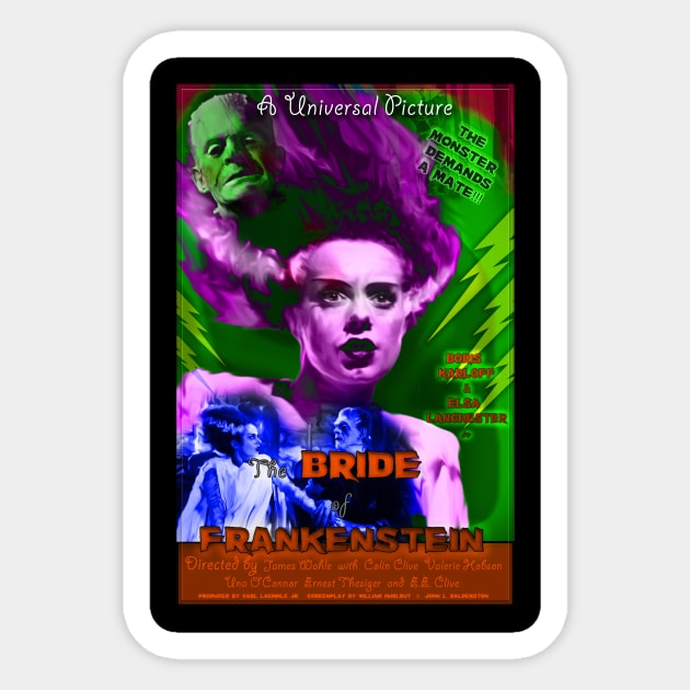 The Bride of Frankenstein Faux Retro Movie Poster Sticker by xenomorphicpress